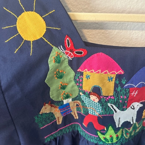 Handmade hand Embroidered Vintage Mexican Huipil Dress Caftan Gown Blue boho - Picture 5 of 11